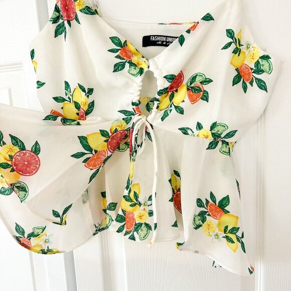 NWOT ASOS Fashion Union Citrus Print Tie Front Peplum Camisole Top White Size 8 - Picture 2 of 7